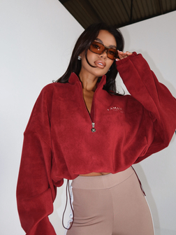 CIEPŁA BLUZA DAMSKA OVERSIZE WARM UP BORDO Z POLARU LAMANUEL