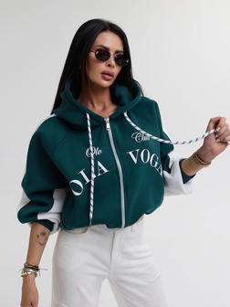 OVERSIZE’OWA BLUZA DAMSKA ROZPINANA Z KAPTUREM OLA VOGA DWUKOLOROWA BAWEŁNIANA ZIELONA ASHEN SKY