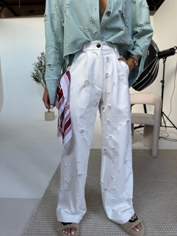 SPODNIE JEANSOWE DAMSKIE RIPPED BAGGY PREMIUM ECRU  LAMANUEL