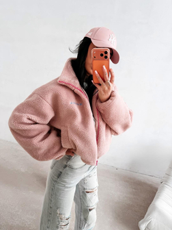 KURTKA DAMSKA TEDDY LORIA PUDER RÓŻ OLA VOGA  CASUALOWA KURTKA Z HAFTEM